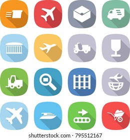 flat vector icon set - delivery vector, plane, box, airport building, scooter shipping, fragile, fork loader, cargo search, pallet, airplane, yacht, conveyor, wheelbarrow