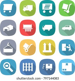 flat vector icon set - delivery vector, truck, cargo stoller, warehouse, shipping, car, loading crane, trolley, top sign, courier, search, pallet, fast deliver, package