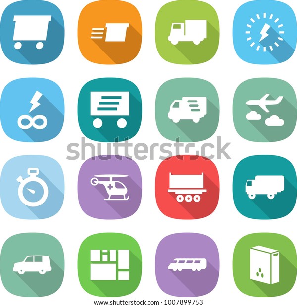flat vector icon\
set - delivery vector, truck, lightning, infinity power, journey,\
stopwatch, ambulance helicopter, shipping, car, consolidated cargo,\
speed train, cereals
