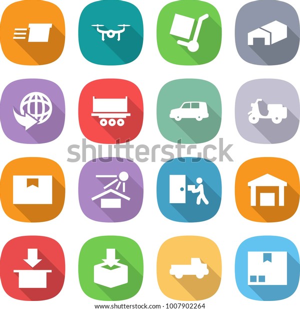 flat vector icon set - delivery vector, drone,\
cargo stoller, warehouse, truck shipping, car, scooter, package\
box, sun potection, courier,\
pickup