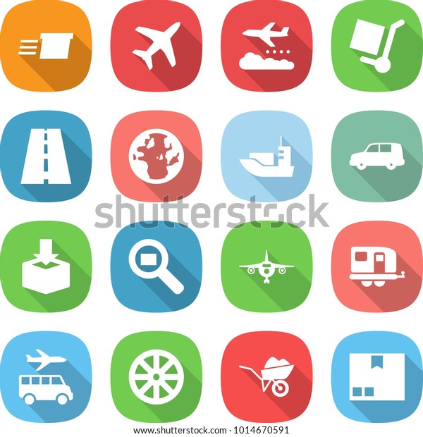 flat vector icon set -\
delivery vector, plane, weather management, cargo stoller, road,\
globe, sea shipping, car, package, search, trailer, transfer,\
wheel, wheelbarrow