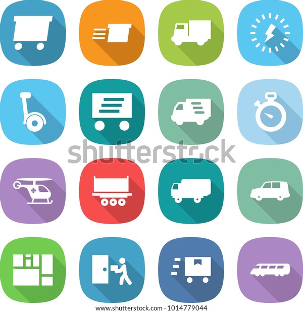 flat vector icon set -\
delivery vector, truck, lightning, gyroscooter, stopwatch,\
ambulance helicopter, shipping, car, consolidated cargo, courier,\
fast deliver, speed train