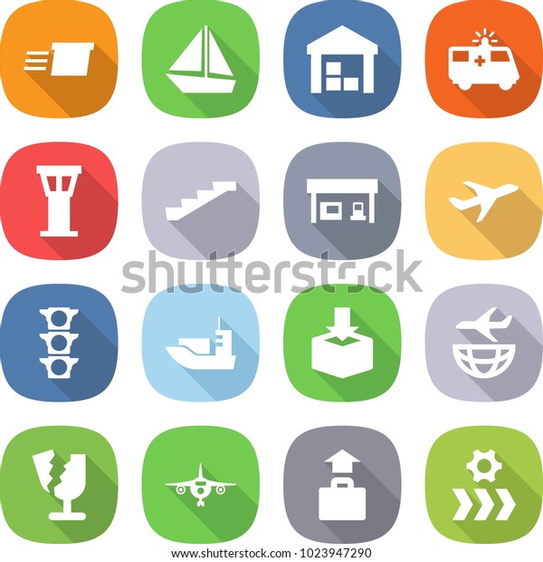 flat vector\
icon set - delivery vector, boat, warehouse, ambulance car, airport\
tower, stairs, gas station, plane, traffic light, sea shipping,\
package, broken, baggage,\
conveyor