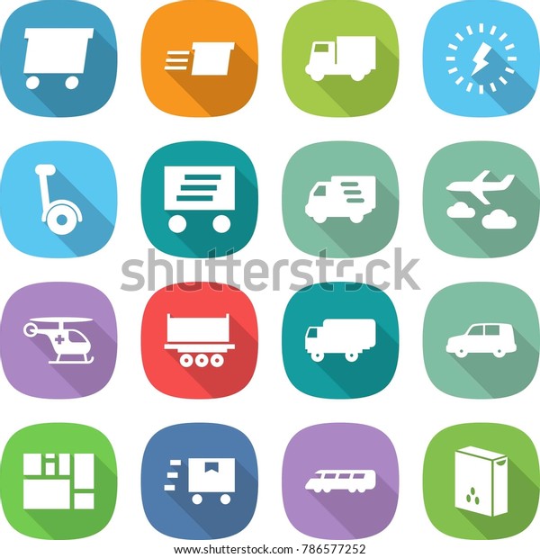 flat vector icon set -\
delivery vector, truck, lightning, gyroscooter, journey, ambulance\
helicopter, shipping, car, consolidated cargo, fast deliver, speed\
train, cereals