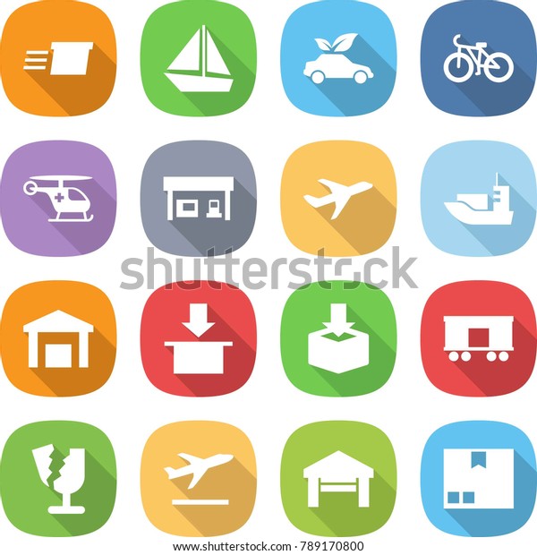 flat vector icon set\
- delivery vector, boat, eco car, bike, ambulance helicopter, gas\
station, plane, sea shipping, warehouse, package, railroad, broken,\
departure, garage