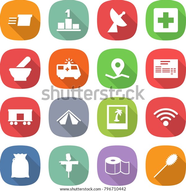 flat vector icon set - delivery vector, pedestal,\
satellite antenna, medical cross, mortar, ambulance car, geo pin,\
invoice, railroad shipping, tent, photo, wireless, flour,\
scarecrow, toilet paper