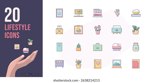 Flat Vector Icon Set Depicting Everyday Life in Pastel Palette
