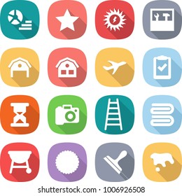 flat vector icon set - diagram vector, star, sun power, tools, barn, house, plane, clipboard check, sand clock, camera, ladder, towel, bbq, cookies, scraper, spot