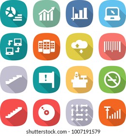 flat vector icon set - diagram vector, graph, notebook, connect, server, cloud service, bar code, stairs, important flag, reception, no smoking, cd, circuit, antenna signal