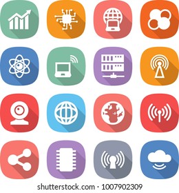 flat vector icon set - diagram vector, chip, notebook globe, atom core, wireless, server, antenna, web cam, share, cloud service