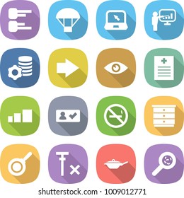 flat vector icon set - diagram vector, parachute, notebook, presentation, virtual mining, right arrow, eye, recipe, sorting, check in, no smoking, chest of drawers, pan, signal, viruses