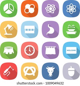 flat vector icon set - diagram vector, atom core, table lamp, market, stomach, fountain, stadium, watch, curtain, welcome mat, welding, pretzel, cow, acorn