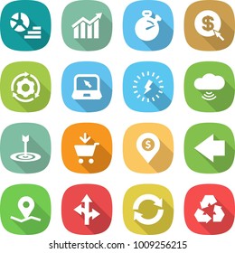 flat vector icon set - diagram vector, stopwatch, dollar arrow, around gear, notebook, lightning, cloud wireless, target, add to cart, pin, left, geo, route, reload, recycling