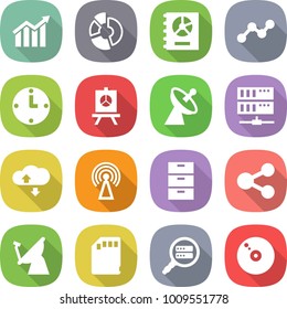 flat vector icon set - diagram vector, circle, annual report, graph, clock, presentation, satellite antenna, server, cloud service, archive, share, sd card, data search, cd