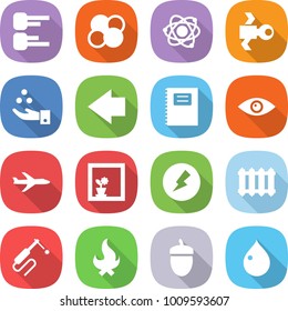 flat vector icon set - diagram vector, atom core, satellite, chemical industry, left arrow, copybook, eye, plane, flower in window, electricity, radiator, welding, fire, acorn, drop