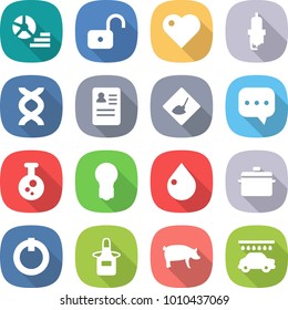 flat vector icon set - diagram vector, unlock, heart, spark plug, dna, anamnesis, under construction, sms, chemical, bulb, drop, pan, on off button, apron, pig, car wash