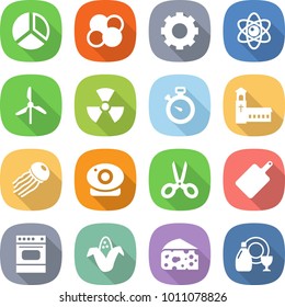 flat vector icon set - diagram vector, atom core, gear, windmill, nuclear, stopwatch, church, jellyfish, web camera, scissors, cutting board, oven, corn, cheese, dish cleanser