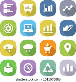 flat vector icon set - diagram vector, presentation, graph, around gear, notebook, up, down arrow, cloud service, wireless, add to cart, geo pin, package, compass, recycle, chart