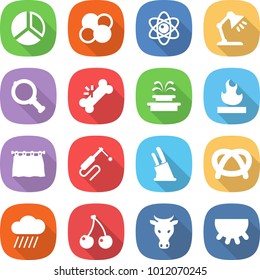 flat vector icon set - diagram vector, atom core, table lamp, magnifier, broken bone, fountain, flammable, curtain, welding, knife holder, pretzel, rain cloud, cherry, cow, udder