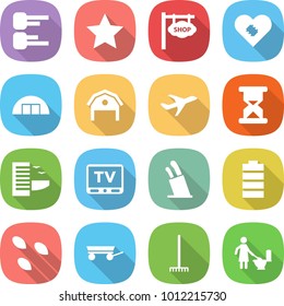 flat vector icon set - diagram vector, star, shop signboard, pacemaker, hangare, barn, plane, sand clock, hotel, tv, stands for knives, battery, seeds, trailer, rake, toilet cleaning