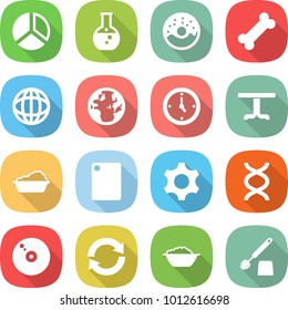flat vector icon set - diagram vector, round flask, donut, bone, globe, watch, table, washing, cutting board, gear, dna, cd, reload, foam basin, toilet brush