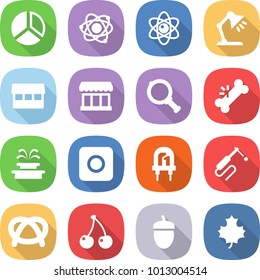flat vector icon set - diagram vector, atom, table lamp, market, magnifier, broken bone, fountain, ring button, led, welding, pretzel, cherry, acorn, maple leaf