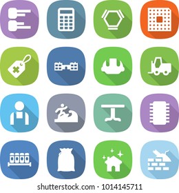 flat vector icon set - diagram vector, calculator, hex molecule, cpu, medical label, school, building helmet, fork loader, workman, surfer, table, chip, spices, flour, house cleaning