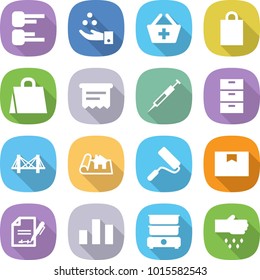flat vector icon set - diagram vector, chemical industry, add to basket, shopping bag, atm receipt, syringe, archive, bridge, project, repair, package box, inventory, chart, double boiler, sow