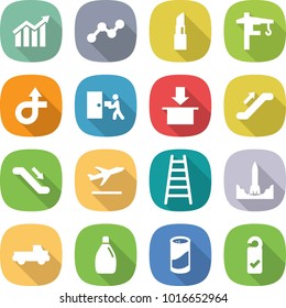 flat vector icon set - diagram vector, graph, lipstick, tower crane, trip, courier delivery, package, escalator, departure, ladder, rocket start, pickup, cleanser, powder, please clean