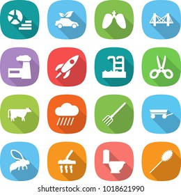 flat vector icon set - diagram vector, eco car, lungs, bridge, factory, rocket, pool, scissors, cow, rain cloud, fork, trailer, wasp, vacuum cleaner, toilet, duster