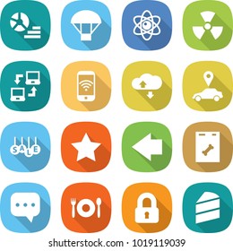 flat vector icon set - diagram vector, parachute, atom, nuclear, notebook connect, phone wireless, cloud service, car pointer, sale, star, left arrow, roentgen, sms, cafe, locked, cake