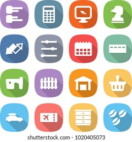 flat vector icon set - diagram vector, calculator, monitor arrow, chess horse, up down, equalizer, calendar, bunker, slum, fence, warehouse, basket, car baggage, ticket, chest of drawers
