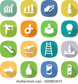 flat vector icon set - diagram vector, graph up, down arrow, lipstick, tower crane, trip, package, air ballon, escalator, departure, ladder, rocket start, pickup, cleanser, powder, please clean