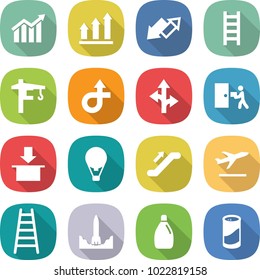 flat vector icon set - diagram vector, graph up, down arrow, ladder, tower crane, trip, route, courier delivery, package, air ballon, escalator, departure, rocket start, cleanser, powder