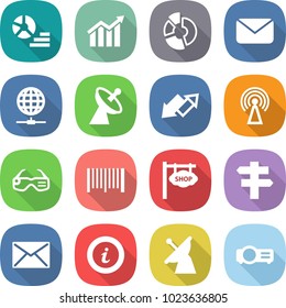 flat vector icon set - diagram vector, circle, mail, globe connect, satellite antenna, up down arrow, smart glasses, bar code, shop signboard, singlepost, info, projector