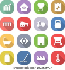 flat vector icon set - diagram vector, wireless home, cardio chip, roentgen, bridge, house with garage, scooter shipping, heavy, bath, connect, kitchen scales, bbq, bank, rake, seedling, thermometer