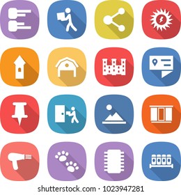 flat vector icon set - diagram vector, courier, molecule, sun power, tower, barn, palace, location details, pin, delivery, landscape, wardrobe, hair dryer, pets, chip, spices