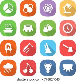 flat vector icon set - diagram vector, atom core, table lamp, fountain, stadium, flippers, watch, led, welding, knife holder, turk, rain cloud, cherry, cow, udder