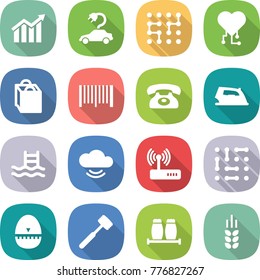 flat vector icon set - diagram vector, electric car, chip, cardio, shopping bag, bar code, phone, iron, pool, cloud service, router, circuit, egg timer, meat hammer, salt pepper, spike