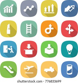 flat vector icon set - diagram vector, graph, up, down arrow, lipstick, ladder, trip, route, courier delivery, package, air ballon, escalator, departure, pickup, cleanser powder