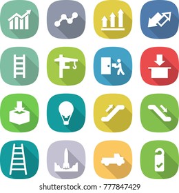 flat vector icon set - diagram vector, graph, up, down arrow, ladder, tower crane, courier delivery, package, air ballon, escalator, rocket start, pickup, please clean