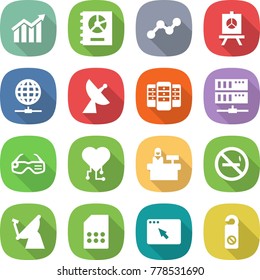 flat vector icon set - diagram vector, annual report, graph, presentation, globe connect, satellite antenna, server, smart glasses, cardio chip, reception, no smoking, sim card, browser window