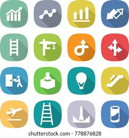 flat vector icon set - diagram vector, graph, up, down arrow, ladder, tower crane, trip, route, courier delivery, package, air ballon, escalator, departure, rocket start, cleanser powder