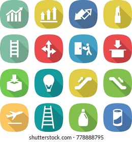 flat vector icon set - diagram vector, graph up, down arrow, lipstick, ladder, route, courier delivery, package, air ballon, escalator, departure, cleanser, powder