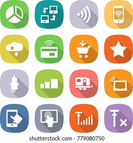 flat vector icon set - diagram vector, notebook connect, wireless, phone, cloud service, tap to pay, add cart, star, spark plug, sorting, trailer, laptop wifi, touchscreen, antenna signal, no