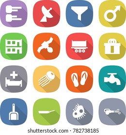 flat vector icon set - diagram vector, satellite antenna, funnel, male sign, modular house, truck shipping, hi quality package, hospital, jellyfish, flip flops, water tap, scoop, pan, microb, blower