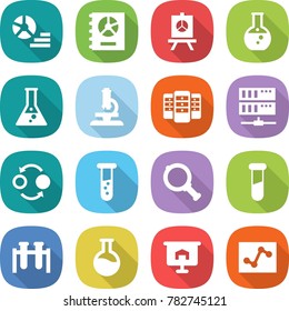 flat vector icon set - diagram vector, annual report, presentation, round flask, microscope, server, quantum bond, vial, magnifier, test, analytics