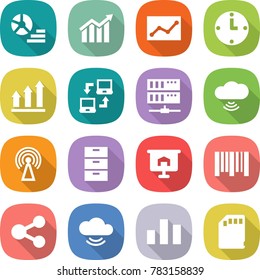 flat vector icon set - diagram vector, statistics, clock, graph up, notebook connect, server, cloud wireless, antenna, archive, presentation, bar code, share, service, chart, sd card