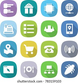 flat vector icon set - diagram vector, gift, chip, globe connect, cashbox, list, building helmet, mobile location, map, cart, phone, antenna, browser window, fork spoon plate, hierarchy, bug