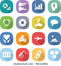 flat vector icon set - diagram vector, graph, bulb head, hex molecule, gear, car pointer, brain, health care, modern architecture, plane, landscape, radiator, welding, link, honeycombs